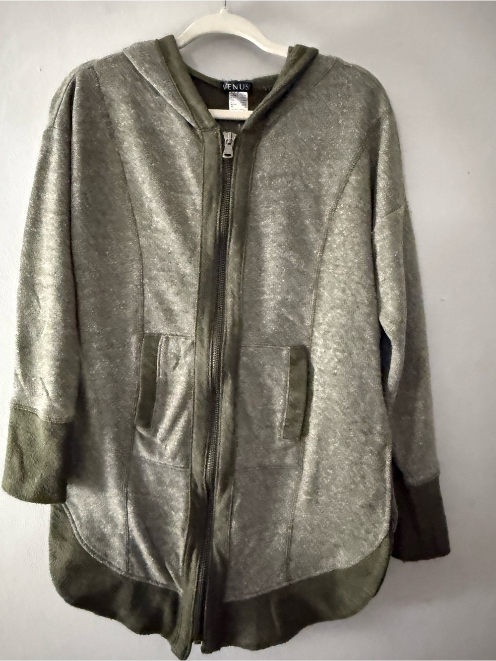VENUS Olive Green Burnout Zip Up Hoodie Jacket Womens Medium Curved Hem - Picture 2 of 8